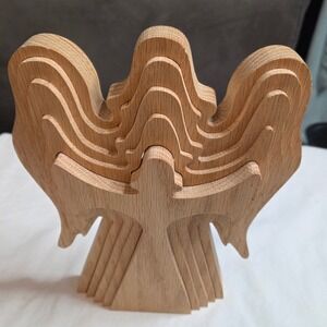 Wooden‎ Angel Figurine Layered Wood Carving Desk Shelf Decor Sculpture